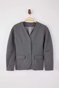 TRENDYOLMİLLA Gray Striped Sleeve Detailed Fitted Lined padded Weaving Blazer Jacket - Image 6