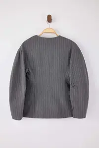 TRENDYOLMİLLA Gray Striped Sleeve Detailed Fitted Lined padded Weaving Blazer Jacket - Image 8