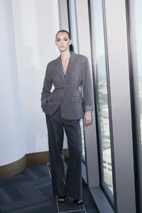 TRENDYOLMİLLA Limited Edition Anthracite Arched Back Striped Weaving Lined padded Blazer Jacket - Image 2