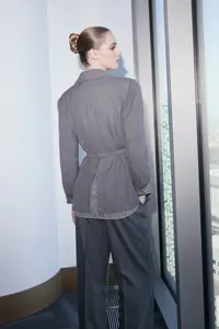 TRENDYOLMİLLA Limited Edition Anthracite Arched Back Striped Weaving Lined padded Blazer Jacket - Image 4