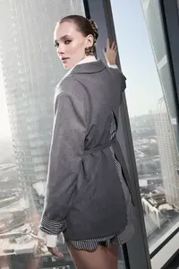 TRENDYOLMİLLA Limited Edition Anthracite Arched Back Striped Weaving Lined padded Blazer Jacket - Image 7