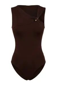 TRENDYOLMİLLA Limited Edition Brown Fitted Asymmetric Collar with accessories snaps Knitting Bodysuit .D.00003 - Image 6