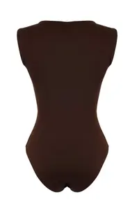 TRENDYOLMİLLA Limited Edition Brown Fitted Asymmetric Collar with accessories snaps Knitting Bodysuit .D.00003 - Image 7