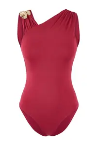 TRENDYOLMİLLA Dark Pink Fitted Asymmetric Collar Accessory Detailed snaps Flexible Knitting Bodysuit .D.00005