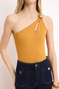 TRENDYOLMİLLA Mustard Fitted Asymmetric Collar Accessory Detailed snaps Flexible Knitting Bodysuit .D.00010 - Image 3