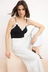 TRENDYOLMİLLA Black Color Blocked V-neck Lace Detailed snaps Flexible Knitting Bodysuit .D.00012 - Image 2