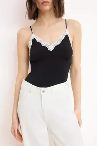 TRENDYOLMİLLA Black Color Blocked V-neck Lace Detailed snaps Flexible Knitting Bodysuit .D.00012 - Image 3