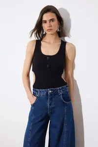 TRENDYOLMİLLA Limited Edition Black Fitted Cowl Neck snaps Ribbed Flexible Knitting Bodysuit .D.00014 - Image 2