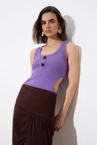 TRENDYOLMİLLA Limited Edition Purple Fitted Cowl Neck snaps Ribbed Flexible Knitting Bodysuit .D.00014 - Image 2
