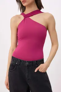 TRENDYOLMİLLA Fuchsia Plain Fitted Asymmetric Yaka Sleeveless snaps Flexible Knitting Bodysuit .D.00017 - Image 3