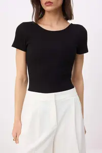 TRENDYOLMİLLA Black Fitted Short Sleeve snaps Ribbed Flexible Knitting Bodysuit .D.00027 - Image 3