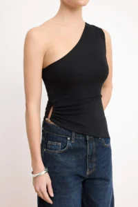 TRENDYOLMİLLA Black Fitted Asymmetric Collar Accessory Detailed Crop Cotton Flexible Knitting Blouse - Image 3