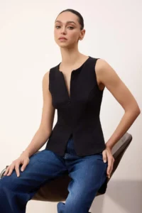 TRENDYOLMİLLA Wardrobe Essentials-Black Fitted Zippered Sleeveless interlock Knitting Blouse