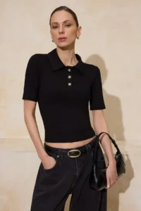 TRENDYOLMİLLA Black Fitted Polo Shirt Collar buttoned Soft Knitting Blouse