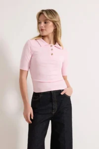 TRENDYOLMİLLA Pink Fitted Polo Shirt Collar Sleeveless buttoned Soft Knitting Blouse - Image 2
