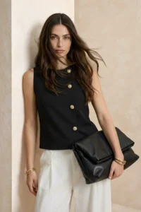 TRENDYOLMİLLA Black Fitted buttoned Sleeveless Accessory Detailed Scuba Crepe Knitting Blouse