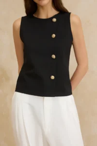 TRENDYOLMİLLA Black Fitted buttoned Sleeveless Accessory Detailed Scuba Crepe Knitting Blouse - Image 2