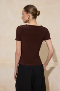 TRENDYOLMİLLA Brown Fitted Short Sleeve Soft Knitting Blouse - Image 4