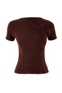 TRENDYOLMİLLA Brown Fitted Short Sleeve Soft Knitting Blouse - Image 5