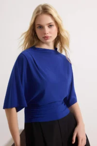 TRENDYOLMİLLA Saks Blue Fitted Boat Neck Bat Arm Short Sleeve Flexible Knitting Blouse - Image 2