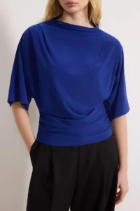 TRENDYOLMİLLA Saks Blue Fitted Boat Neck Bat Arm Short Sleeve Flexible Knitting Blouse - Image 3