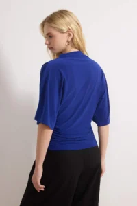 TRENDYOLMİLLA Saks Blue Fitted Boat Neck Bat Arm Short Sleeve Flexible Knitting Blouse - Image 4