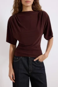 TRENDYOLMİLLA Brown Fitted Boat Neck Bat Arm Short Sleeve Flexible Knitting Blouse - Image 3