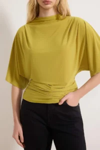 TRENDYOLMİLLA Oil Green Fitted Boat Neck Bat Arm Short Sleeve Flexible Knitting Blouse - Image 3