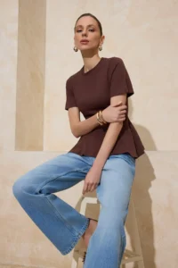 TRENDYOLMİLLA Brown peplum Short Sleeve 100% Cotton Knitting Blouse - Image 2