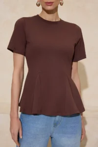TRENDYOLMİLLA Brown peplum Short Sleeve 100% Cotton Knitting Blouse - Image 3