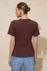 TRENDYOLMİLLA Brown peplum Short Sleeve 100% Cotton Knitting Blouse - Image 4
