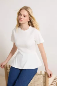 TRENDYOLMİLLA Ecru peplum Short Sleeve 100% Cotton Knitting Blouse