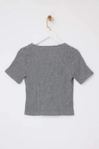 TRENDYOLMİLLA Teen Black Plaid Fitted buttoned Short Sleeve Shirred textured Knitting Blouse - Image 6