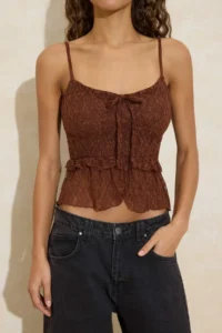 TRENDYOLMİLLA Brown Fitted/Body-Fitting V-neck Sleeveless with flywheel/Frilly Lace Knitting Blouse - Image 3