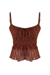 TRENDYOLMİLLA Brown Fitted/Body-Fitting V-neck Sleeveless with flywheel/Frilly Lace Knitting Blouse - Image 5