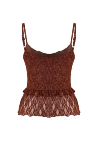 TRENDYOLMİLLA Brown Fitted/Body-Fitting V-neck Sleeveless with flywheel/Frilly Lace Knitting Blouse - Image 6