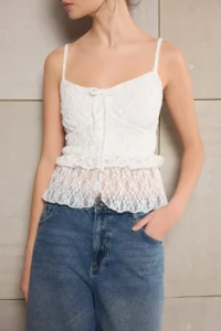 TRENDYOLMİLLA Teen Ecru Fitted/Body-Setting V-neck Sleeveless with flywheel/Frilly Lace Knitting Blouse - Image 3