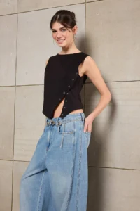 TRENDYOLMİLLA Teen Black Fitted Boat Neck Sleeveless Crop Cotton Flexible Knitting Blouse
