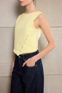 TRENDYOLMİLLA Teen Light Yellow Fitted Boat Neck Sleeveless Crop Cotton Flexible Knitting Blouse - Image 3