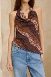 TRENDYOLMİLLA Multicolored Shawl pattern Fitted Off-Shoulder Neck Sleeveless buttoned Tulle Knitting Blouse - Image 3