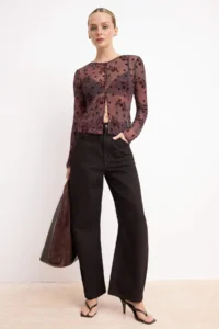TRENDYOLMİLLA Plum Floral Regular/Normal Pattern Long Sleeve Tulle Knitting Blouse - Image 2