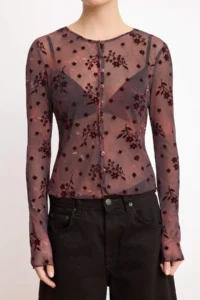 TRENDYOLMİLLA Plum Floral Regular/Normal Pattern Long Sleeve Tulle Knitting Blouse - Image 3