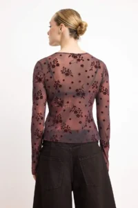 TRENDYOLMİLLA Plum Floral Regular/Normal Pattern Long Sleeve Tulle Knitting Blouse - Image 4