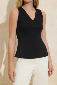 TRENDYOLMİLLA Black peplum V-neck Sleeveless interlock Knitting Blouse - Image 3