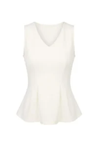 TRENDYOLMİLLA Ecru peplum V-neck Sleeveless interlock Knitting Blouse - Image 5