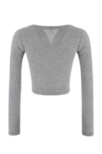 TRENDYOLMİLLA Gray Melange Fitted V-neck snaps Crop Soft Knitting Blouse - Image 7