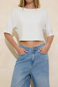 TRENDYOLMİLLA Ecru relaxed Boat Neck Bat Arm Truvakar Crop Soft Touch Knitting Blouse - Image 3