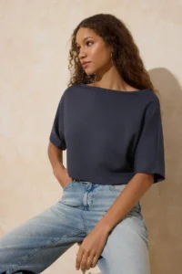 TRENDYOLMİLLA Anthracite relaxed Boat Neck Bat Arm Truvakar Crop Soft Touch Knitting Blouse