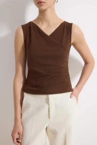 TRENDYOLMİLLA Brown Fitted Double breasted Sleeveless Shirred Scuba Crepe Knitting Blouse - Image 3