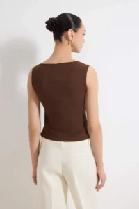 TRENDYOLMİLLA Brown Fitted Double breasted Sleeveless Shirred Scuba Crepe Knitting Blouse - Image 4